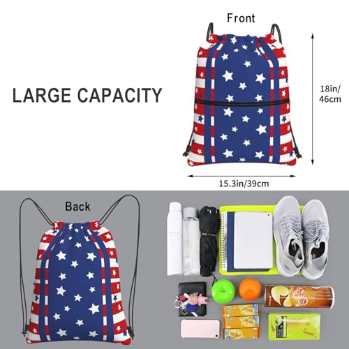 Image of Patriotic Stars Stripes 4th of July Drawstring Bag, Memorial Day Independence Day Red Blue Waterproof Drawstring Bckpack for Gym Sports, Sackpack Bag with Front Zipper Pocket and Inside Zipper Pocket