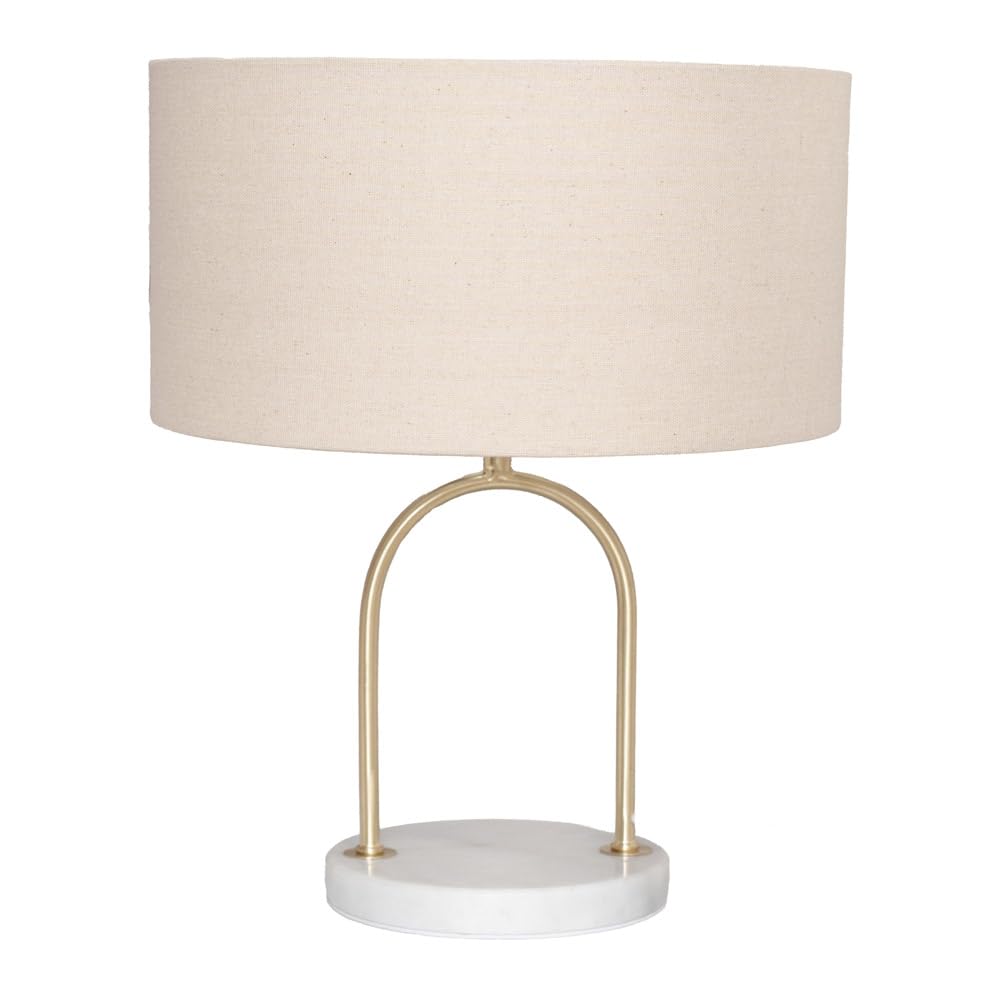 Rachel Brushed Gold Arch Marble Base Table Lamp Natural Shade & Bulb - ValueLights
