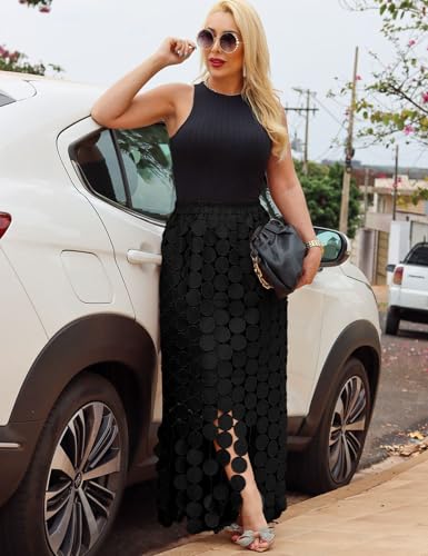 Flygo Womens Maxi Skirt 2025 Summer Boho Hollow Out Fringe Hem High Waisted Lace Long Skirts for Party Wedding Beach4