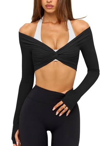 LASLULU Womens Black Long Sleeve Workout Tops Sexy Off the Shoulder Twist Front Bolero Shrugs Yoga Gym Ballet Wrap Tops Pilates Outfits (Black Small)