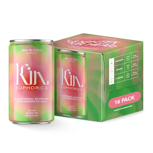 Kin Euphorics Kin Bloom Non-Alcoholic Functional Beverage | All day rosé | Elevate Your Mind & Spirit | Prebiotic | L-Theanine, Schisandra, Damiana | Ready to Drink | 8 Fl Oz (16pk)
