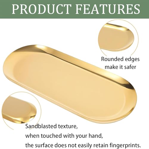 Image of Golden Stainless Steel Decorative Trays and Oval Jewelry Dishes (2 Pcs) | Elegant cosmetic vanity organizers, perfume and key storage holder trays for bathroom dresser counter.