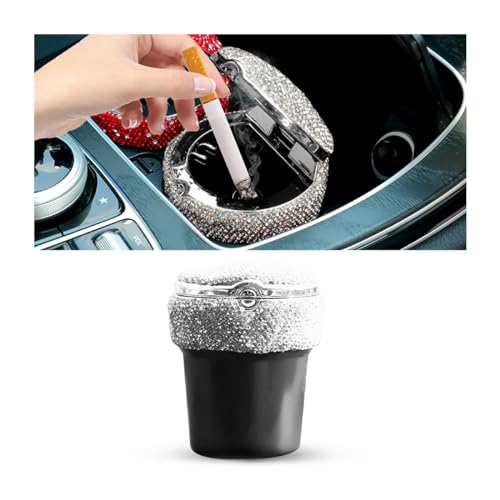 Image of BESULEN Bling Car Ashtray, Portable Auto Cigarette Ashtray with Lid, Cigarette Smokeless Cylinder Cup Holder with LED Light Indicator, Crystal Diamond Auto Accessories for Home, Office (White)