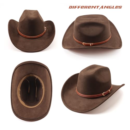 Image of DRESHOW Cowboy Hat for Women and Men Wide Brim Western Cowboy Cowgirl Hat with Belt Buckle Unisex Rolled up Caps