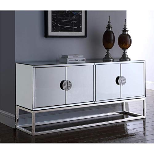 Meridian Furniture Marbella Collection Modern | Contemporary Mirrored Sideboard Buffet, Polished Chrome Stainless Steel Base, 64" W X 16" D X 31" H, Cabinet #TOP4