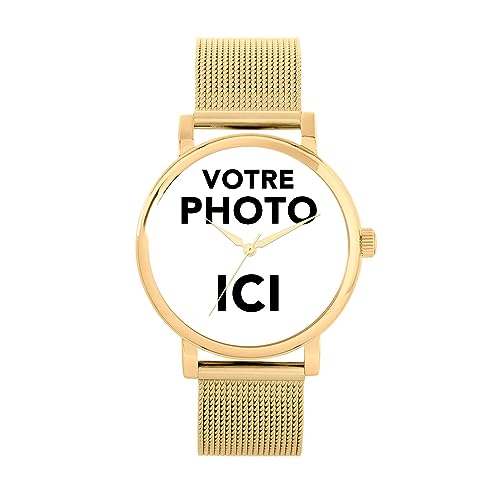 Toff London Cadeaux Photo personnalisés pour Femme, Affichage analogique, Montre à Mouvement à Quartz Japonais avec Bracelet en Maille dorée, Montre gravée sur...