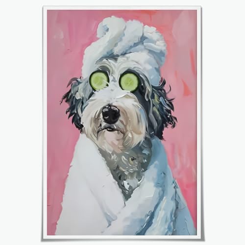 Funny Bathroom Wall Art Humorous Animals Sheepadoodle Dog Groomers Poster Painting Print Art Bathroom Pictures Canvas Wall Decor8x12inch Unframed