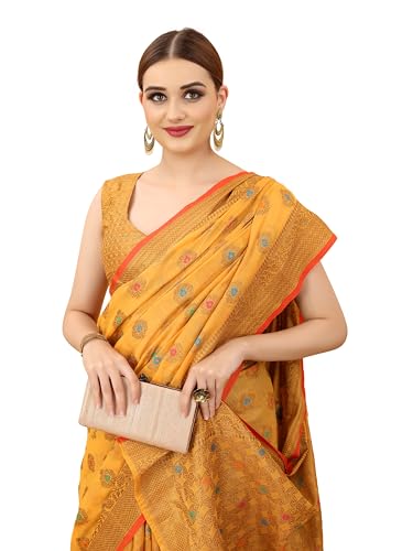 Image of SWORNOF Women's Banarasi Patola Silk Blend Saree with Blouse Piece (Orange)