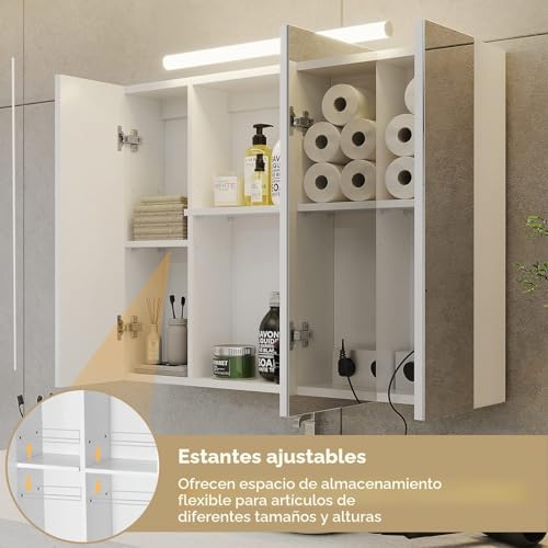 Miniatura 6 de Dictac Armario Con Espejo Baño Con Iluminación,Enchufe Y Interruptor 80x60x16cm Armario De Pared Con 3 Puertas Y Estantes Ajustable,Armarios Con Espejo Gran Capacidad De Almacenamiento,Blanco