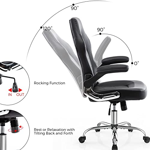Image of Office Gaming Chair - Ergonomic Computer Desk Chairs with Flip-up Armrest, Executive Swivel Chair, PU Leather, Thick Padding