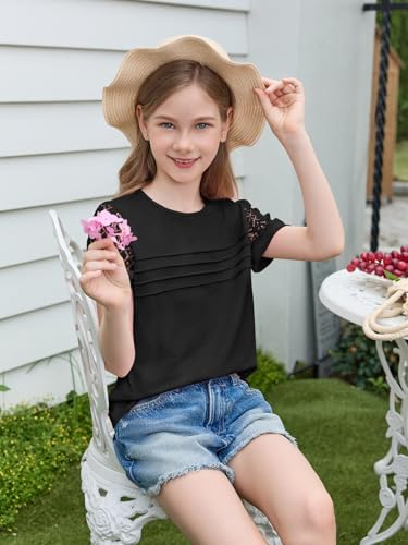 Image of Haloumoning Girls Short Sleeve T Shirts Kids Summer Lace Crewneck Tops Fashion Pleated Tees 5-14 Years