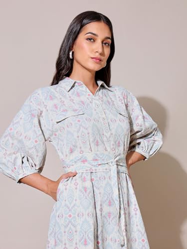 Image of SAAKI by Samantha Ruth Prabhu Ikat Printed Oversized Tie Up Dress |100% Cotton Light Blue Dress for Women, (Light Blue, Pack of 1)