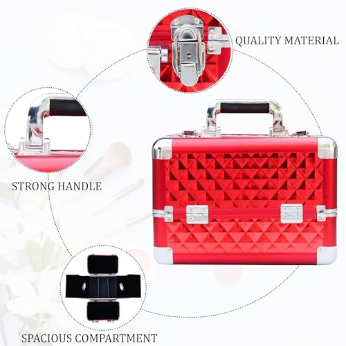 Image of Adson Professional Makeup Box Cosmetics Case Jewelry Organiser Vanity Make Up Storage Box Beauty Train Case Lockable with Keys (Candy Red)