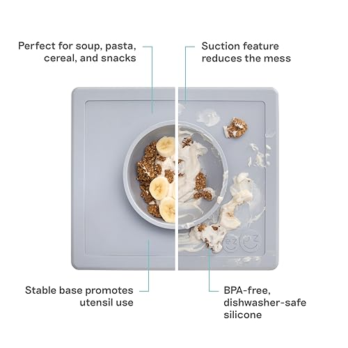 Image of ezpz Happy Bowl - 100% Food Grade Silicone Suction Bowl with Built-in Placemat for Toddlers + Preschoolers Promotes Baby Self-Feeding, Non-Slip, BPA Toxic Free, Microwave Safe - 24months+ (Pewter)
