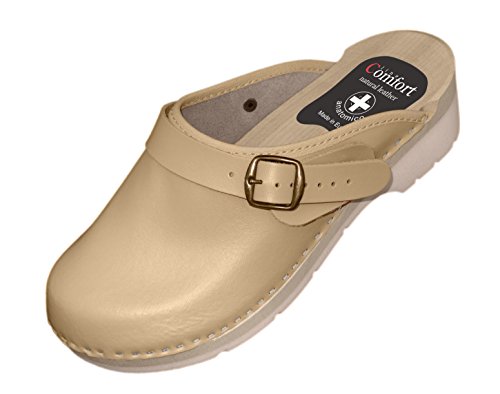 Zuecos de mujer de cuero natural con hebilla y tira, varios colores, color Beige, talla 34 EU