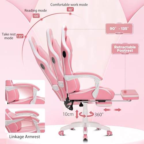 HOFFREE Pink Gaming Chair with Speakers and Massage Led Gaming Chair with Footrest Big and Tall Video Game Chair Reclining High Back Computer Desk Chair for Girls Pink and White HOGC-MAX303 の商品画像 2