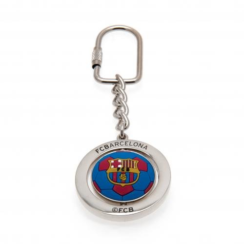 Image of F.C. Barcelona Spinner Keyring FB- metal key ring- 3D spinning crest- approx 40mm x 40mm- on a header card- Official Football Merchandise
