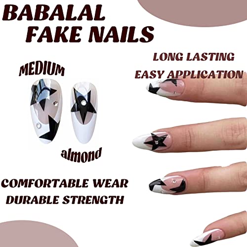 BABALAL Almond Press-on Nails - Medium White & Black Star Rhinestone Acrylic Stiletto False Nails (24pcs) for Women & Girls