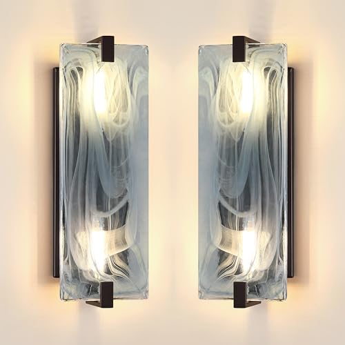 Image of 2 Pack 2 Light 15.7 inch Blue Frosted Glass Bathroom Wall Sconce Modern Concise Style Wall Light Fixture,Black Finish for Bedroom Hallway Bedside