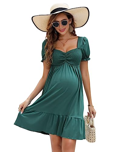 FUNJULY Maternity Dress Women's Maternity Dresses A Line Sweetheart Neck Ruffle Flowy Mini Boho Maternity Dress for Wedding Guest Green S