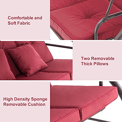 Mcombo 3-Seat Outdoor Patio Swing Chair, Adjustable Backrest And Canopy, Porch Swing Glider Chair, W/Cushions And Pillows, 4068 (Burgundy) #TOP5