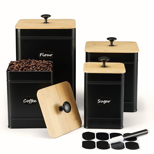 Comparison: Best Canister Sets For Kitchen 11 PERFNIQUE Kitchen Canisters, Airtight Canister Sets for Kitchen Counter, Kitchen Canisters for Countertop Set of 4, Coffee Tea Sugar Flour Spice Tin Jars Food Storage Container with Lid(Black)