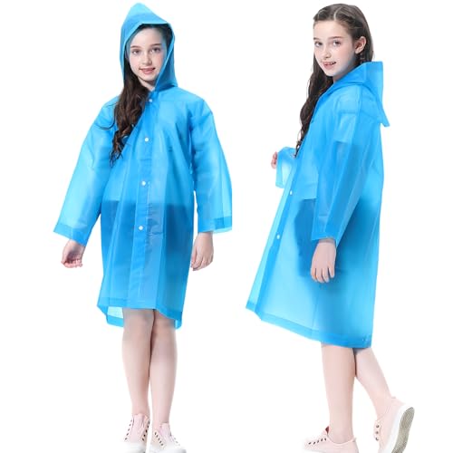 Rain Ponchos Raincoats for Kids, 2 Packs Rain Coats Jacket Reusable with Hood for Boys Girls Disney Hiking Camping Outdoor (US, Alpha, One Size, Regular, 2 Blue)