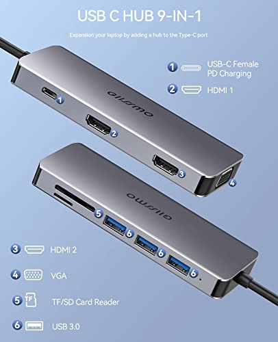 Usb C Docking Station Dual Monitor, 9-In-1 Laptop Docking Station For Windows, Dual Hdmi, Vga, 3 Usb, Pd, Tf/Sd Hub Adapter For Macbook Hp Dell Lenovo #TOP1