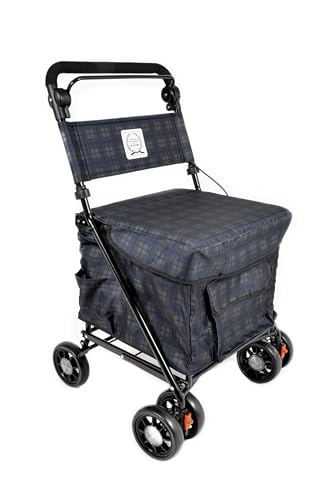 The Lightweight Walk and Rest Shopping Trolley with Padded Seat & Backrest/Walking Trolley/Mobility Trolley/Rollator/ 6 Wheel/Mobility Aid (FULLY ASSEMBLED READY TO USE) Navy Check