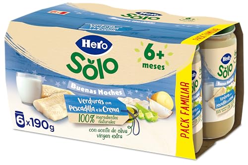 Hero Baby Buenas Noches Tarritos de Verduritas con Pescadilla a la Crema - Para Bebés a Partir de los 8 Meses - Pack de 6x190gr