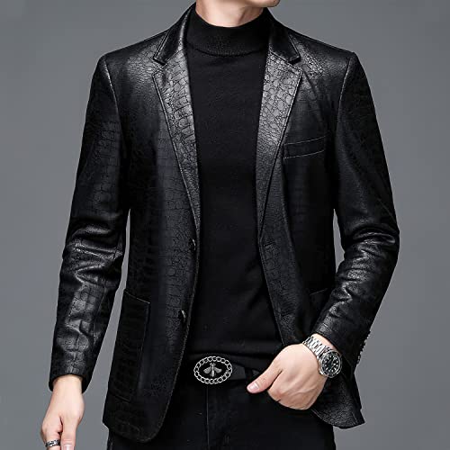 Men’s Crocodile Skin Pattern Genuine Sheepskin Faux Leather Casual Dress Suit Black Blazer Coat4