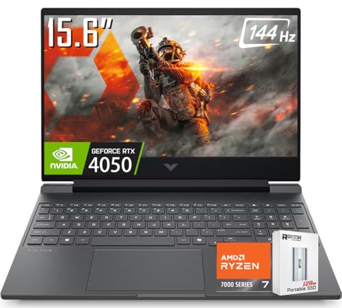 Image of HP Victus RTX 4050 AI Gaming Laptop with Copilot, 15.6 FHD 144Hz, AMD Ryzen 7 7445HS(Beats Intel i9-12900), NVIDIA RTX 4050, 16GB DDR5 RAM, 512 GB PCIE SSD, Backlit Keyboard, W /128G PSD, Win 11 H