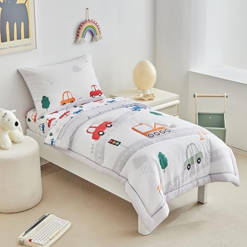 Image of DuShow 4 Pieces Cars Toddler Bedding Set for Boys,Soft Toddler Bed Set in a Bag,Toddler Bed Comforter Set Includes Quilted Comforter, Flat Sheet, Fitted Sheet and Pillowcase