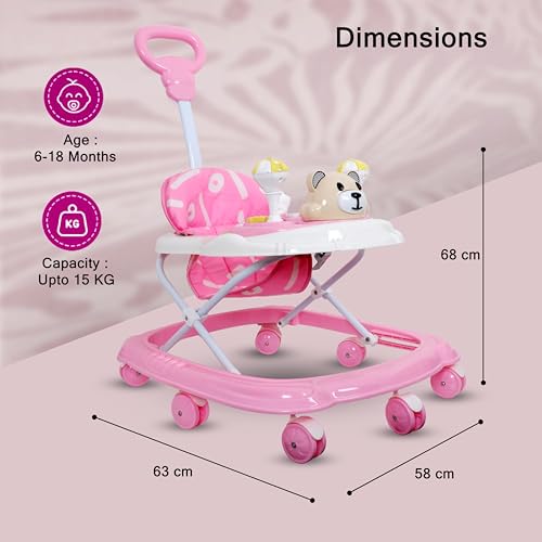 Image of Baby Walker for 6-18 Months Baby with Music, Detachable Parental Push Handle, Adjustable Height, Foldable Baby Walker for Boys & Girls, Anti-Fall Safety Design, Comfortable Seat (Baby Pink)