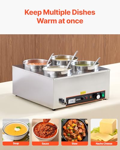 Image of VEVOR Electric Soup Warmer, Four 6.34QT Stainless Steel Round Pot with 86~185F Adjustable Temp, 1500W Commercial Bain Marie with Anti-Dry Burn and Reset Button, Soup Station for Restaurant, Buffet