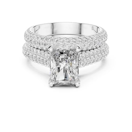 NEONSHY JEWEL Three Row Pave Set Engagement Ring Set Half Eternity Diamond Ring Set Yellow Gold & 925 Sterling Silver Wedding Ring Set Emerald Cut Lab Grown Diamond Ring Valentine's day Gift F-81 (Lab Grown CVD)