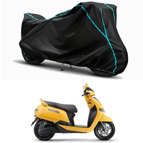 Image of Waterproof Bike Body Cover Compatible for | TVS iQube Electric ST | Taffeta Fabric, Sky Piping Design, Bottom Elastic Fit | Dustproof, Sun UV & Rain Protection for All Weather.