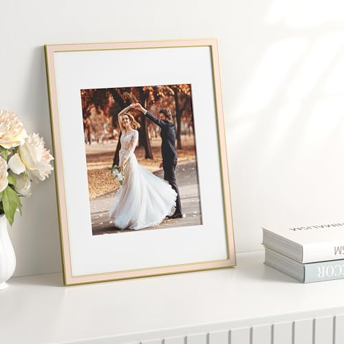 Image of eletecpro 11x14 Enamel Picture Frame with Real Glass Cover, Photo Frame with Gold Metal Edge Display Pictures 8x10 with Mat or 11x14 Without Mat for Tabletop and Wall Decor, Pink, 1 Pack