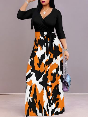 Image of PinkPatty Plus Size Dresses for Curvy Women V Neck Flowy Long Sleeves Wrap Maxi Dress Travel Vacation Outfits