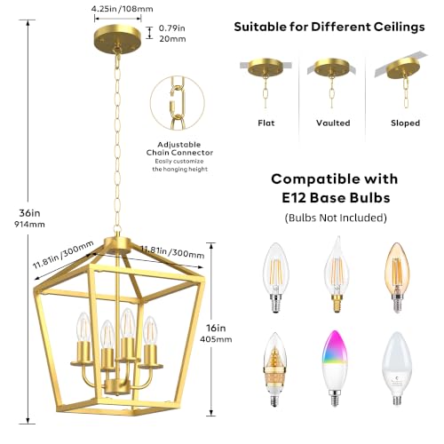 Image of 4 Light Gold Chandelier, Industrial Farmhouse Lantern Cage Ceiling Light, Adjustable Height Rustic Geometric Hanging Light for Kitchen Island, Dining Room, Entryway, Hall, Sloped Ceiling