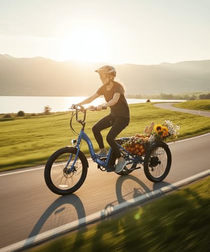 Image of ANCHEER Electric Tricycle for Adults, Folding Electric Trike, Peak 600W, 24 inch 499Wh Ebike for Seniors, 15.5MPH Electric Bike, Removable Battery, 3 Wheel, LCD, Rear Differential, Basket (Blue)