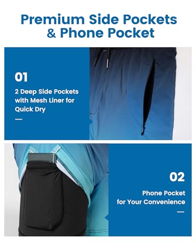 MaaMgic Herren Badehose mit Kompression Badeshorts 2 in 1|14cm Innenlänge Schnelltrocknend lässige Swim Shorts Kurz Boardshorts mit Innenhose Reißverschlusstasche XS-XXL,07 Farbverlauf Eisblau,L 3