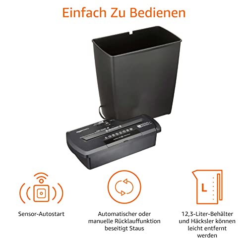 Amazon Basics Aktenvernichter, Streifenschnitt, CD-Schredder, 7-8 Blätter, Schwarz
