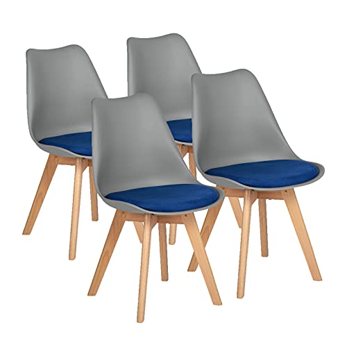 H.J WeDoo Pack de 4 Sillas de Comedor Mezcla de Colores Sillas Cocina Estilo Nórdico con Las Piernas de Madera de Haya y Terciopelo Asiento Tapizado, Gris & Azul