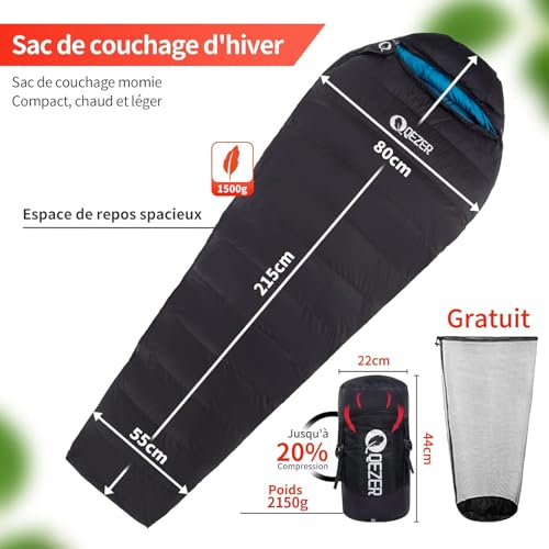 Sac de couchage en duvet QEZER contre le froid avec matelas gonflable adulte