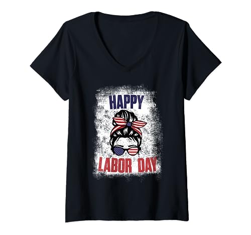 Mujer Moño desordenado Bandera estadounidense Feliz día del Camiseta Cuello V