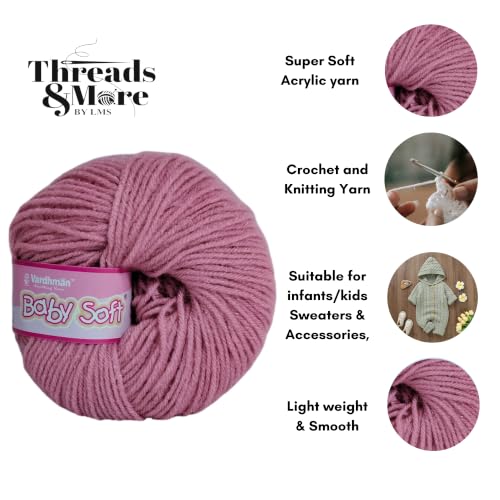 Image of Vardhman Baby Soft Yarn Pack of 6 - 4-Ply Acrylic Wool 150g Total | Soft Yarn for Knitting & Crocheting Baby Blankets, Sweaters, Toys & Accessories | 86m per 25g Ball (1, Dusty Rose)
