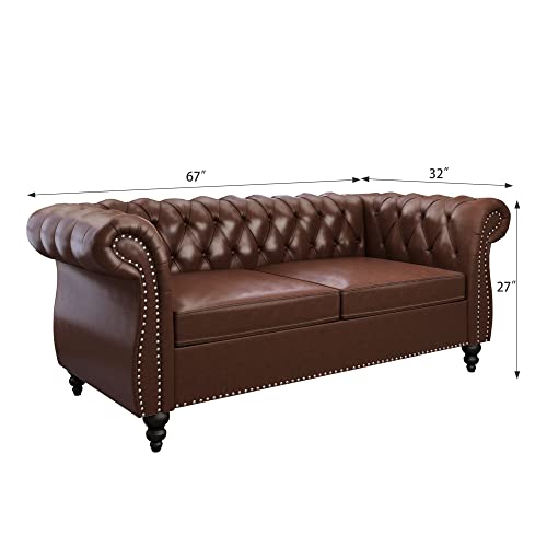 Image of ORRD 2 Piece Living Room Set, Chesterfield Leather Sofa Loveseat Couch with Scroll Arms and Nailhead for Living Room, Office (Dark Brown)