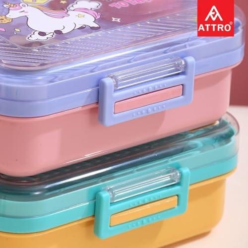 Image of ATTRO Monark Astro Themed Kids Lunch Box with Inner Steel 3 Compartment 1 Small Container, 1 Spoon & Separate Internal Lid Leakproof- 750ml+70ml Blue