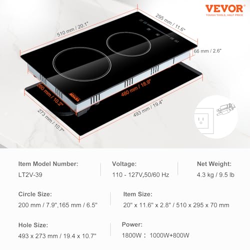 Image of VEVOR Built in Electric Stove Top, 12inch 2 Burners, Glass Radiant Cooktop with 9 Power Levels, Sensor Touch Control, Timer & Child Lock, for Simmer Steam Slow Cook Fry, 240V